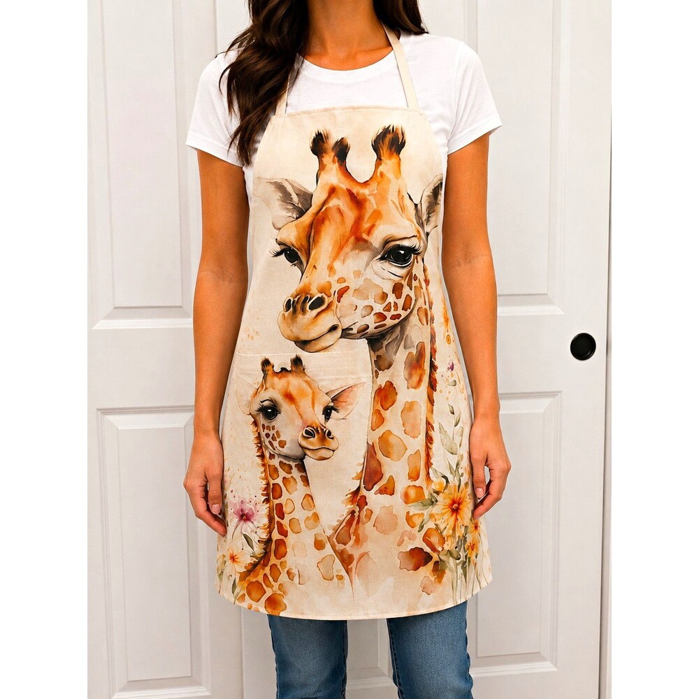 Giraffe Mom & Baby Apron Adult Watercolor Floral Safari Apron